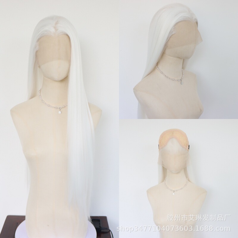 Front lace three-point style hand-tied wig, pure white, with a beautiful peak, retro style, cosplay half hand-tied wig