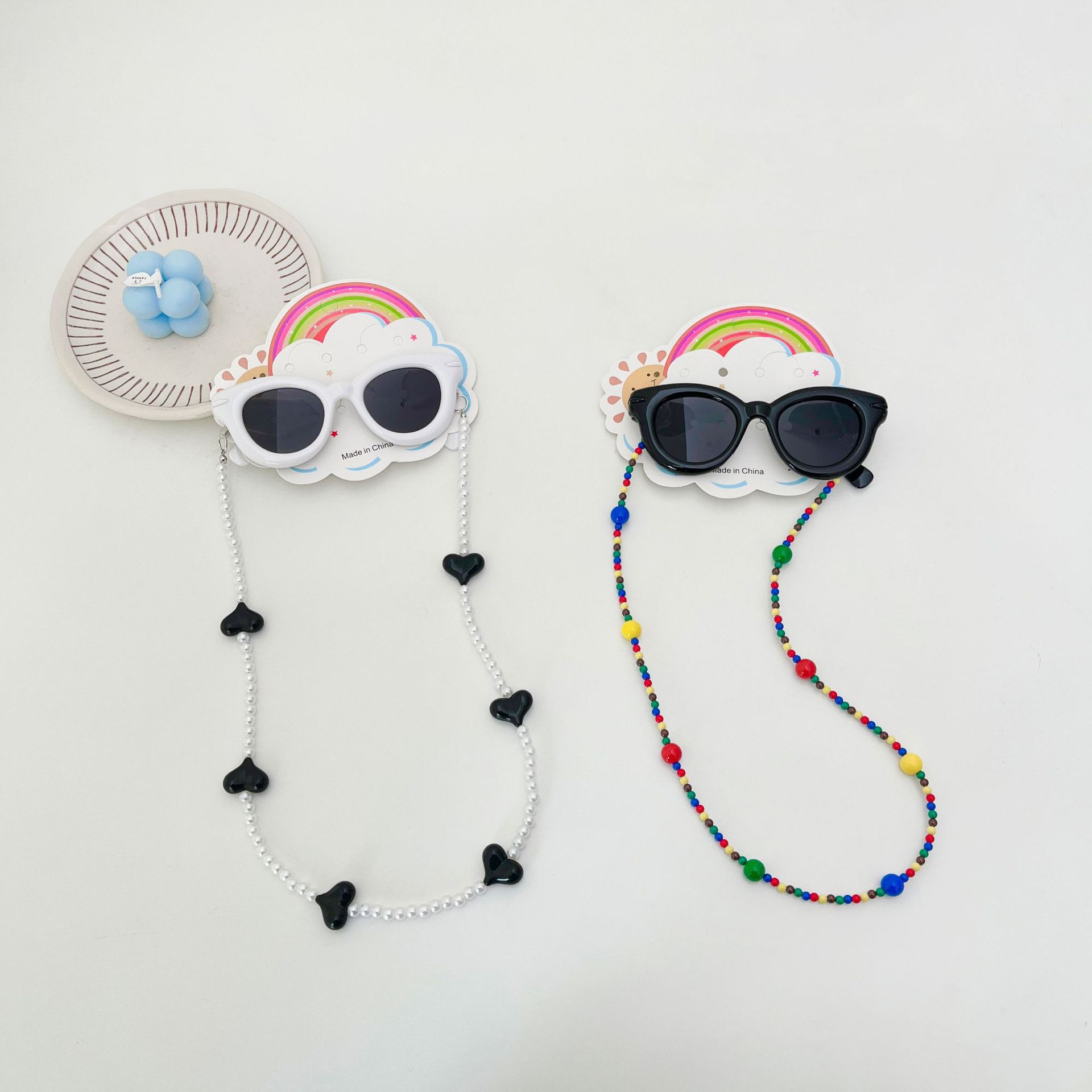 ins verano dopamina niños gafas de sol con cadena conjunto de gafas de sol anti-UV bebé colgar cuello