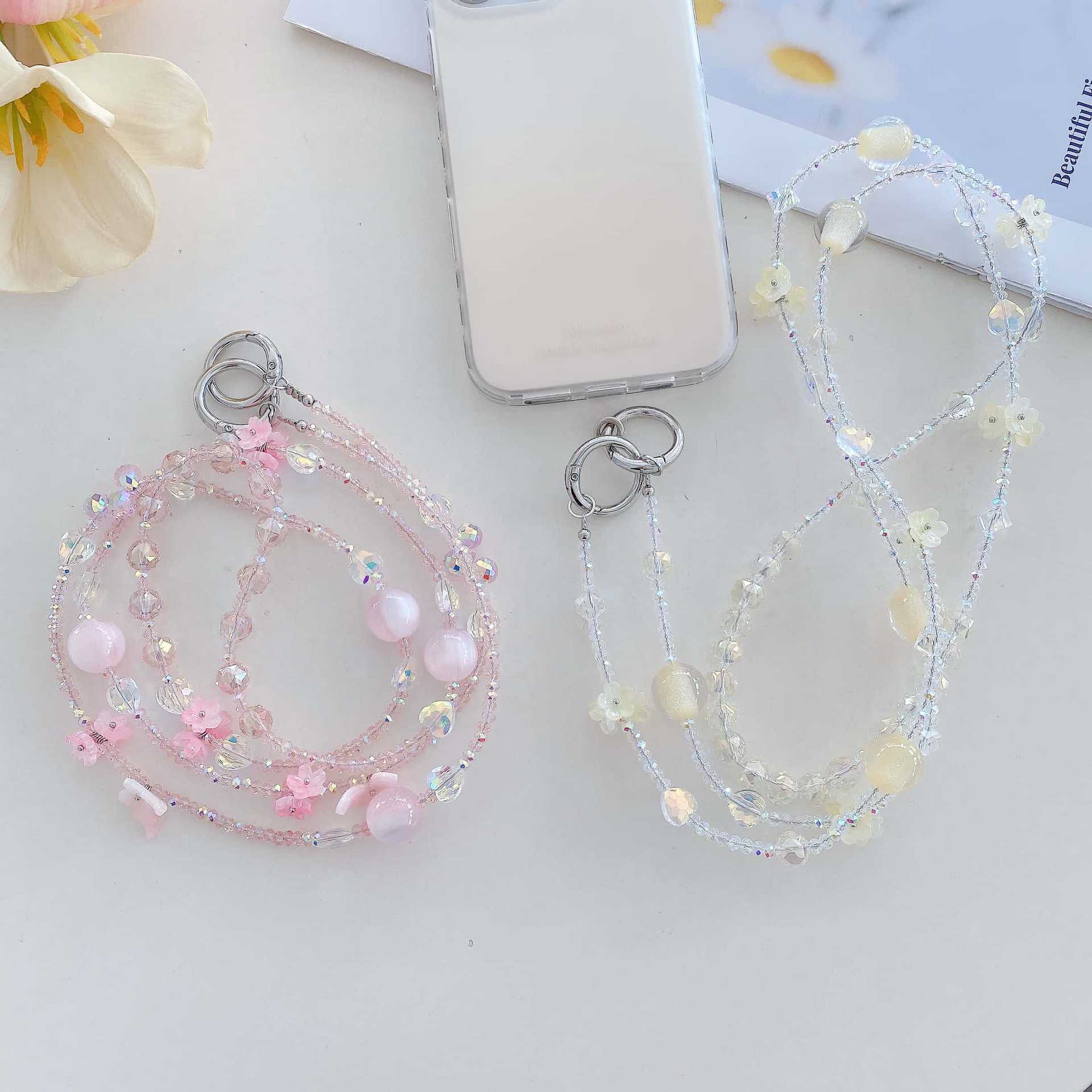 Boutique hecho a mano de alta gama teléfono móvil cadena colgante ins flor cuentas cadena larga cordón de teléfono móvil de moda mensajero largo/colgante