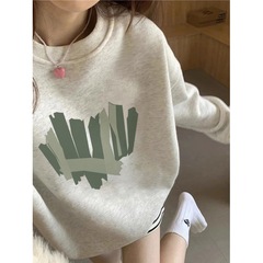 白灰色休闲圆领卫衣女2025新款爆款秋冬加绒无帽外套韩系宽松上衣
