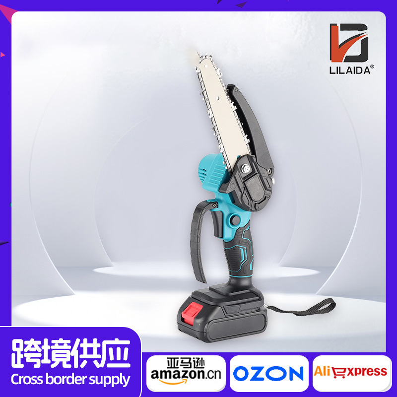 跨境多功能电链锯外贸带油壶便携6寸迷你修枝锯家用锂电锯伐木锯