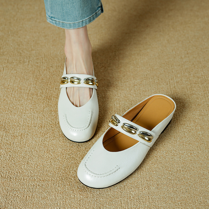 Dép nửa mũi da bò lớp một đế xuồng bệt phong cách retro nữ — đen