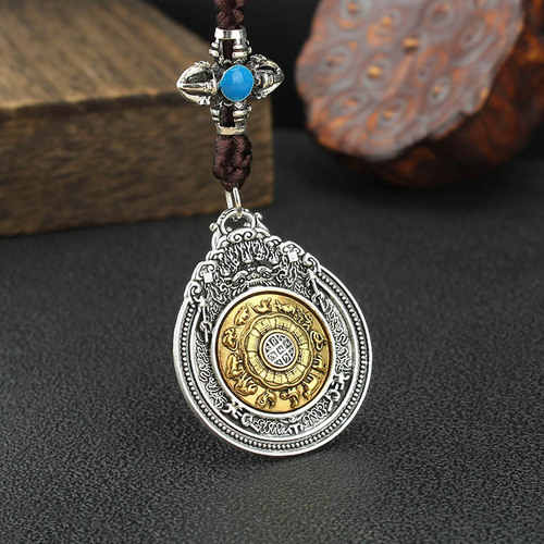 Nine Palace Eight Trigrams Hand Pendant with Rotating Twelve Zodiac Signs for Year of Birth, Tibetan Ethnic Style, Eight Auspicious Symbols, Unisex Hanging Ornaments