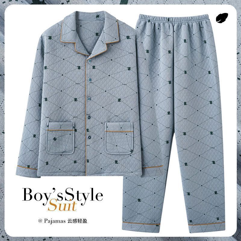 Pijamas para hombre otoño e invierno engrosamiento papá de mediana edad primavera y otoño traje de servicio a domicilio sándwich de algodón de aire de manga larga