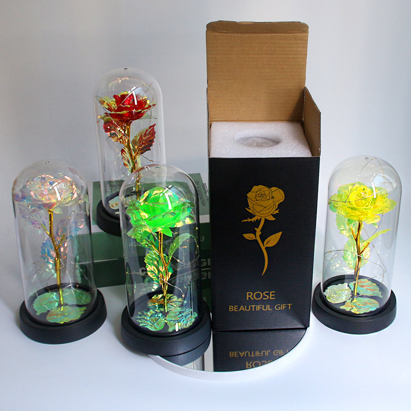 Regalo del Día de San Valentín para novia Rosa noche luz LED acrílico cubierta hoja oro flor caja regalo Navidad