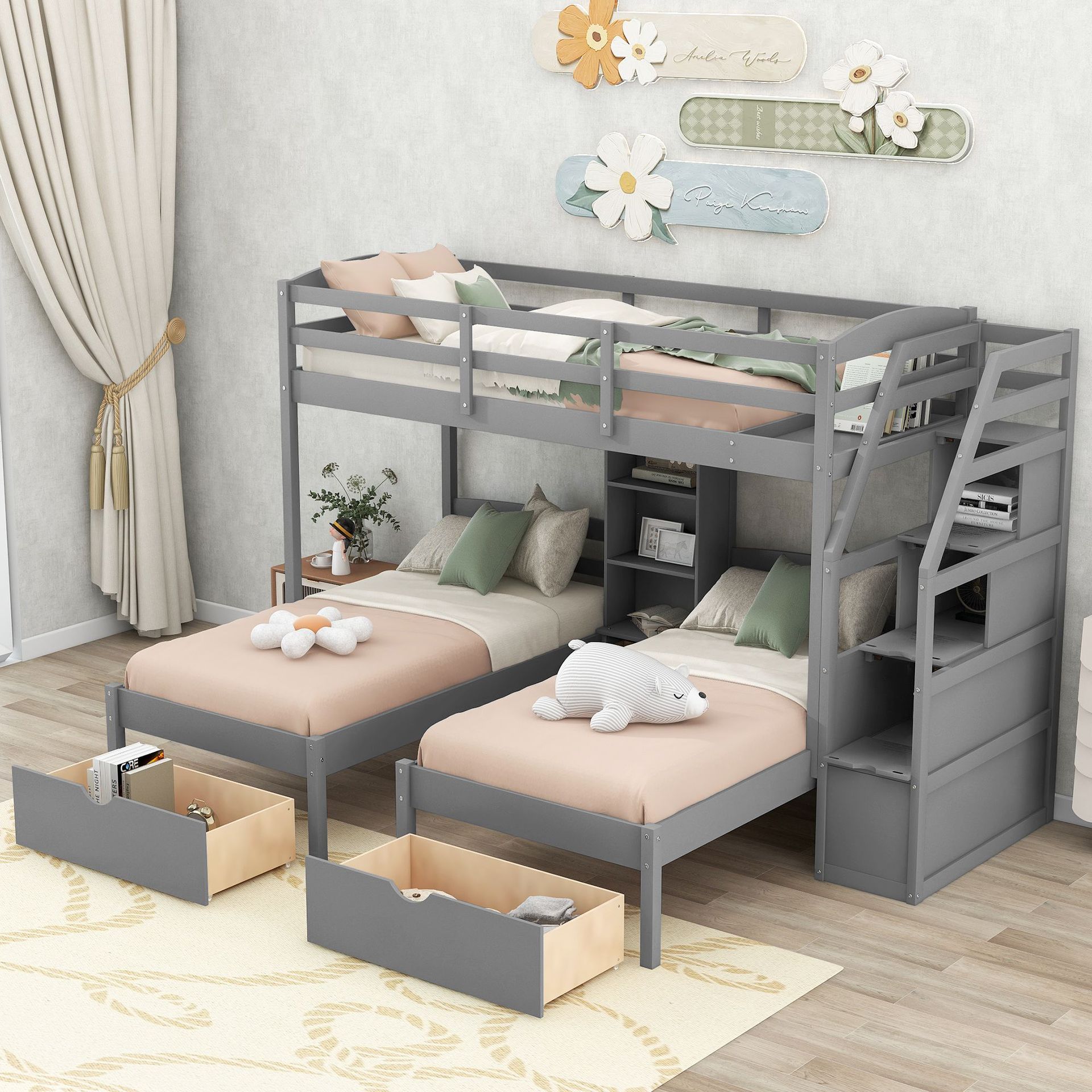 Three-Tier Bunk Bed, Children's Combination Bed, Gray Solid Wood Bed Frame, Storage Drawer, Stair Storage, Exclusively for Cross-Border Supply