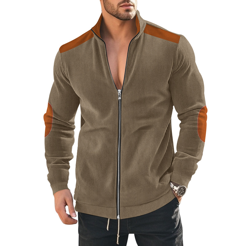 Autumn men's weighty European cotton wool patchwork color contrast zipper long sleeve jacket men's coat_voghion.com