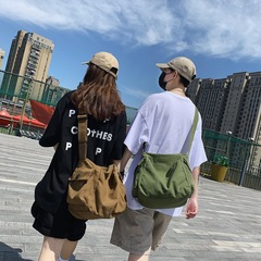 2025 夏 ins スタイルキャンバスバッグ日本語韓国語版文学スタイル男子学生無地ショルダーバッグ原宿クロスボディバッグ
