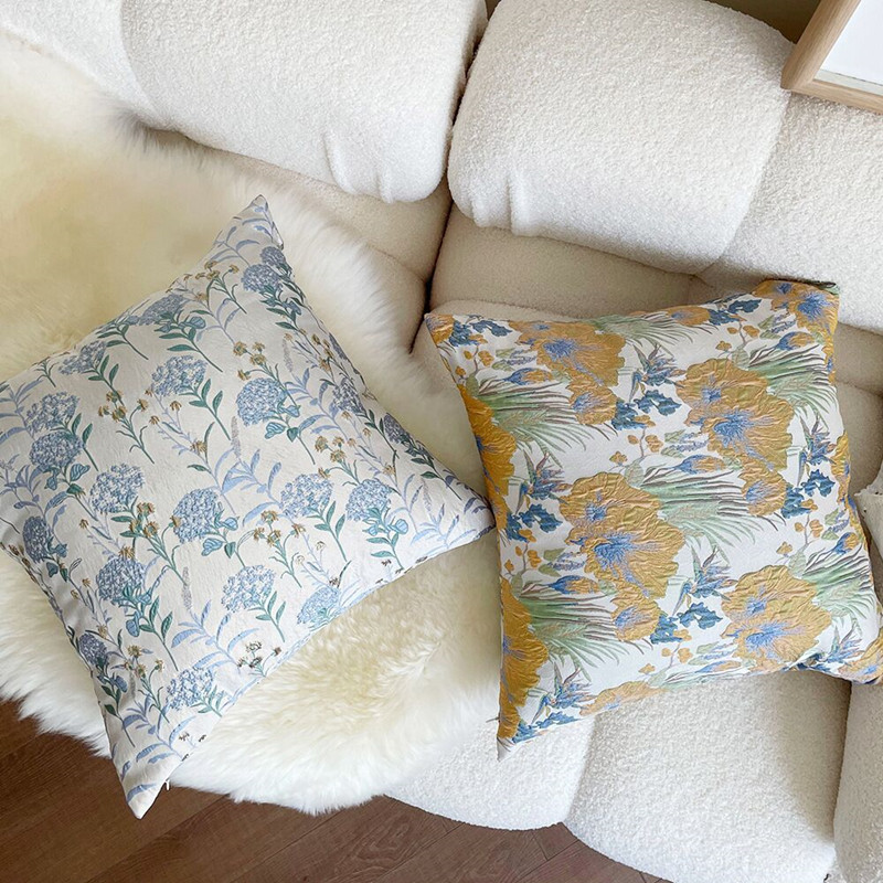 Vintage Yellow Flower Embossed Jacquard Pillow Case Blue Dandelion Gold Silk Jacquard Pillow Sofa Room Decorative Cushion