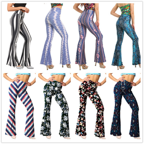 8241 European and American Style Slim Fit Hip-Hugging Printed Flared Pants for Women | Casual Trousers