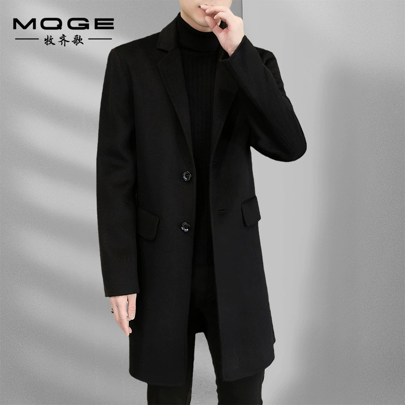 Осенне-зимнее мужское шерстяное пальто, костюм средней длины с воротником, сшитое вручную двустороннее шерстяное пальто, плащ, Мужское пальто