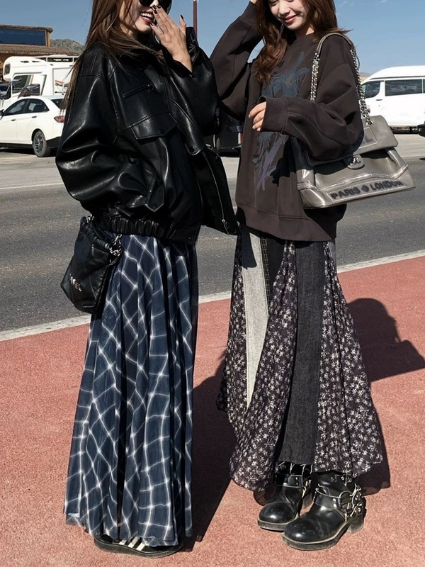 暮光之森/设计感不规则撞色格纹碎花牛仔拼接半裙|undefined