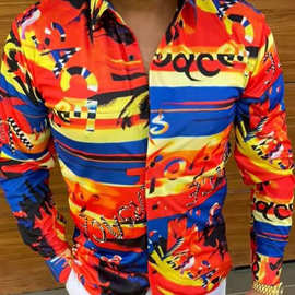 亚马逊2022春季新款跨境欧美男士翻领撞色印花休闲修身型长袖衬衫