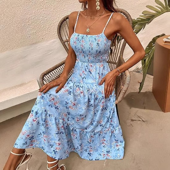European and American Cross-Border 2026 Amazon Aliexpress New Floral Patchwork Summer Beach Spaghetti Strap Long Dress
