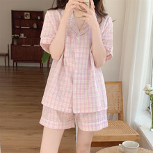 实拍时尚新款ins格子韩系甜妹减龄夏季短袖可爱少女睡衣家居服