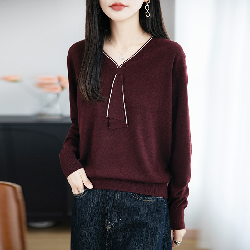 法式精纺毛针织衫女2025秋冬新款V领长袖打底衫内搭毛衣女装小衫|undefined