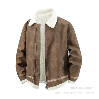 跨境欧码爆款麂皮羊羔毛毛领夹克棉服男士冬季纯色棉衣二开情侣款