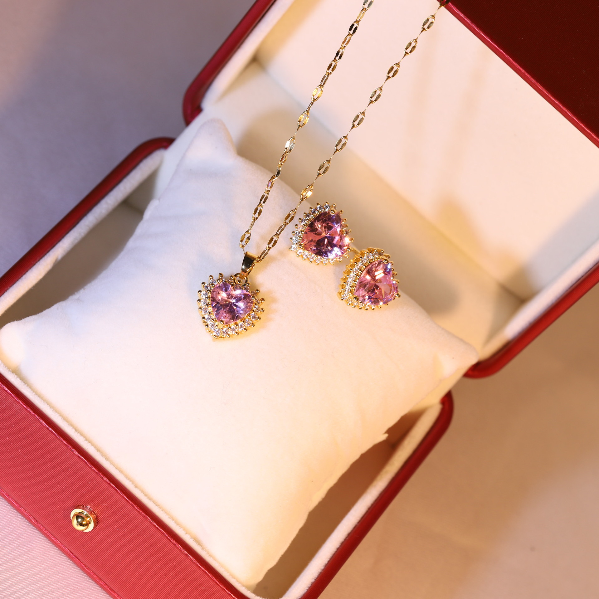 Sweet Heart Shape Stainless Steel Copper Inlay Zircon Earrings Necklace