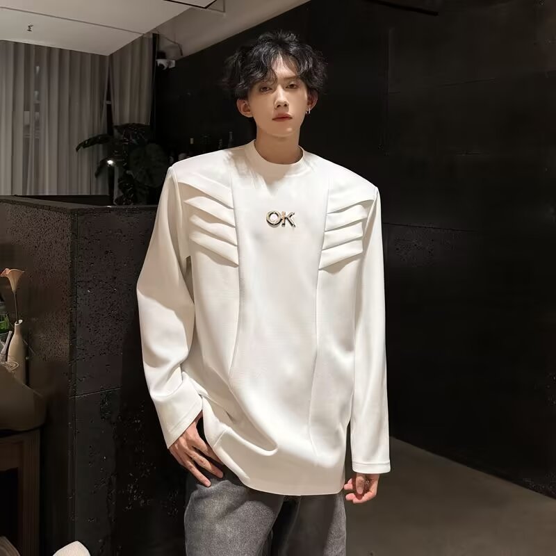 boy Autumn Winter European American High Street Solid Color Design Sense T-shirt Men's Versatile Multi-layer Structure_voghion.com