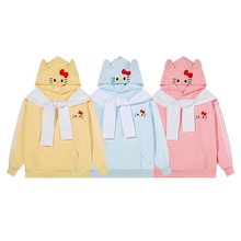 跨境外贸美式披肩Kitty猫刺绣条纹卫衣女秋冬季亚马逊新款连帽衫