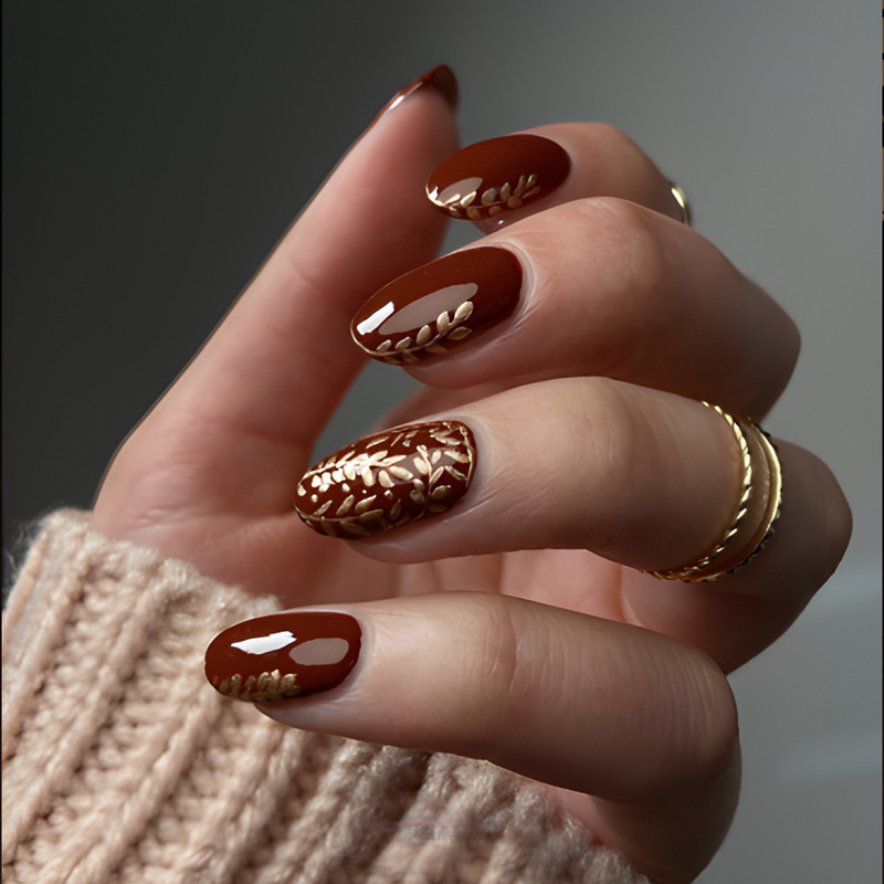 Short Almond Wear Armor High-grade Golden Wheat Ear dark red Glimmering All-match Light Luxury Nail Art 24 False Nails Removable