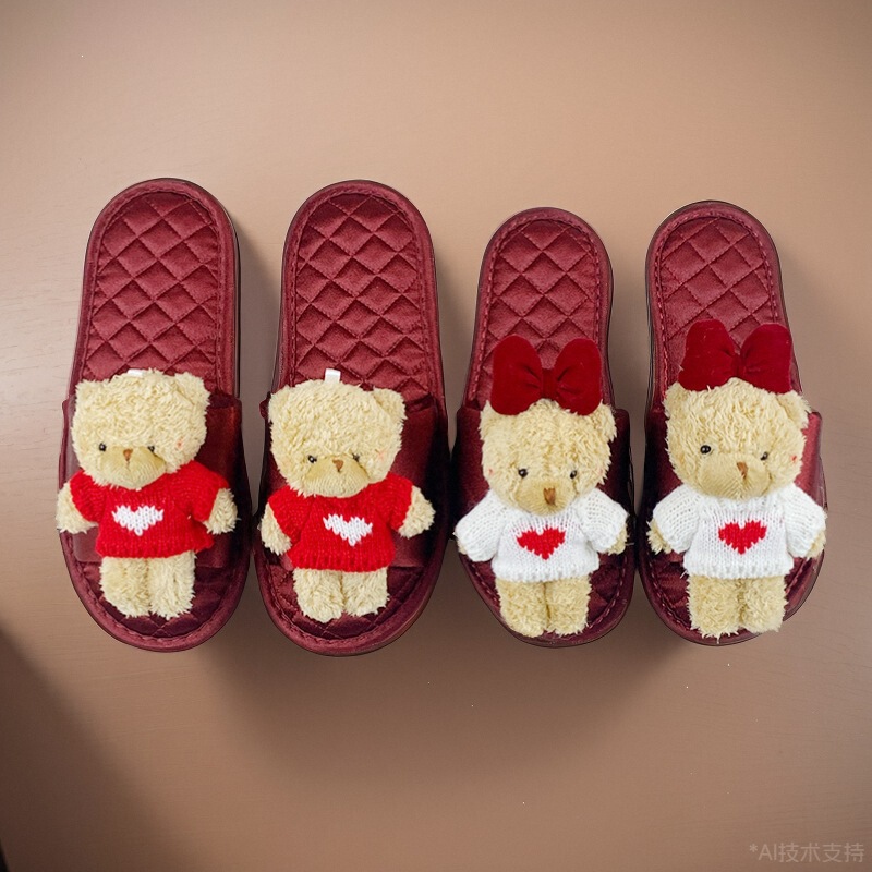 Cute Bear Wedding Slippers in Festive Bright Red for Spring and Summer, a Pair of Wedding Bride's Dressing Gowns for the Newlyweds