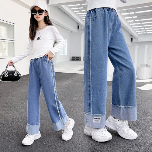 Children's clothing, girls' jeans, spring and autumn, medium and large children's casual wide-leg pants, girls' fashionable children's loose girls' pants