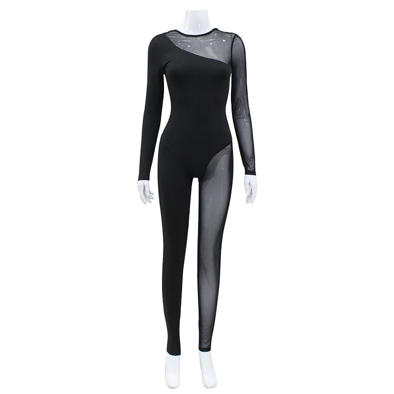 Diseño de nicho europeo y americano transfronterizo de malla de las mujeres costura cuello redondo manga larga perspectiva asimétrica sexy mono personalizado