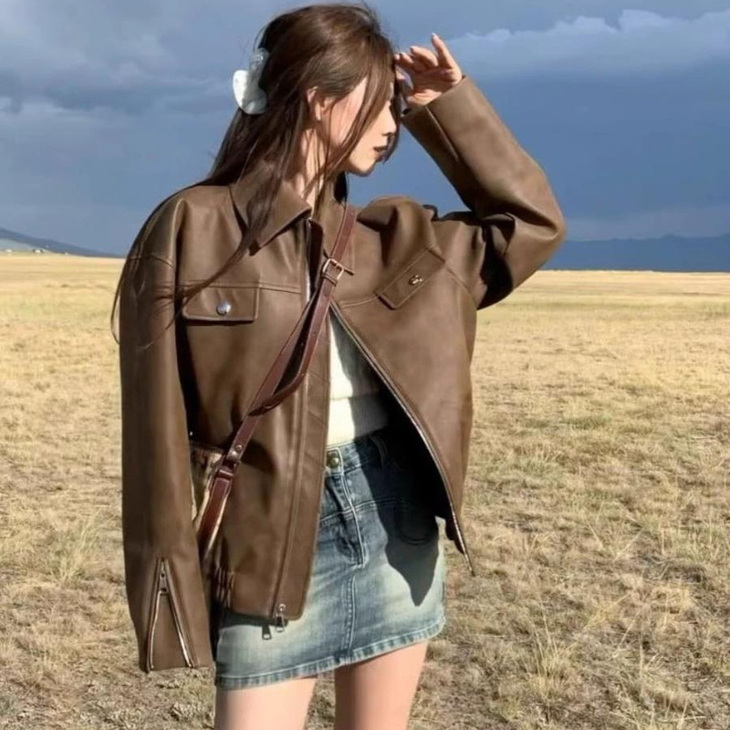 2025 Spring and Autumn New American Retro Brown Loose Slim Leather Jacket Women's Jacket Short Motorcycle Wear 2025 Spring and Autumn New American Retro Brown Loose Slim Leather Jacket Women's Jacket Short Motorcycle Wear