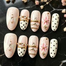 波点立体金属环法式穿戴甲ins风外贸裸粉显白美甲30片假指甲混批