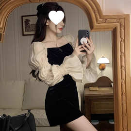 时尚法式气质百搭抹胸小黑裙女泡泡袖小礼裙甜辣风性感显瘦连衣裙