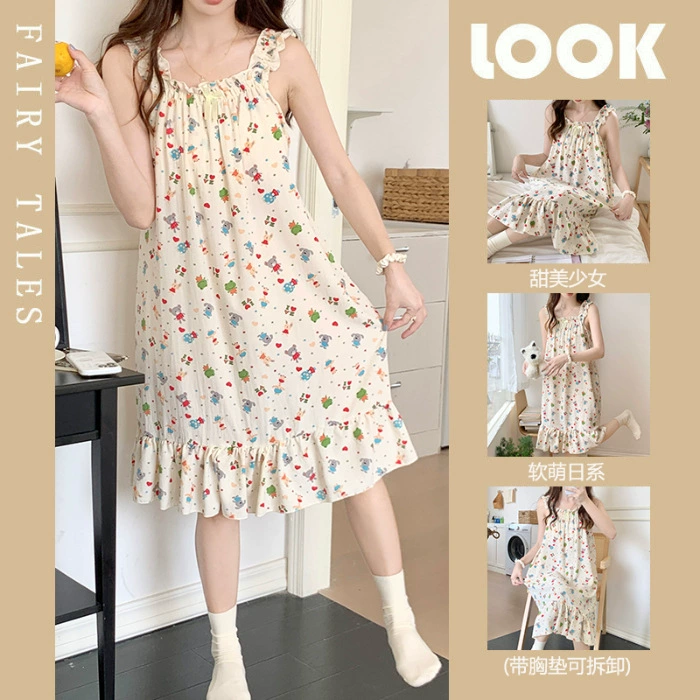 Summer pijama, thin removable cute top with cups for leisure, lifting effect