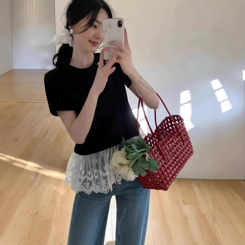 Guangzhou Thirteen Lines Women's Korean Short-Sleeve T-Shirt with Ballet Style Lace Trim Layered Top