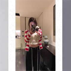 时尚款韩版慵懒风条纹拉链开衫韩系修身辣妹短款开衫
