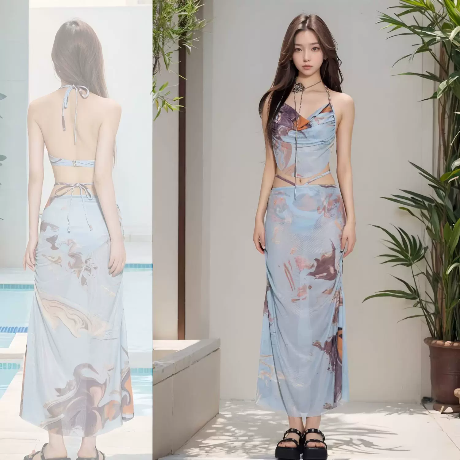 泳衣女2025年新款爆款高级性感长裙比基尼分体三件套沙滩度假泳装
