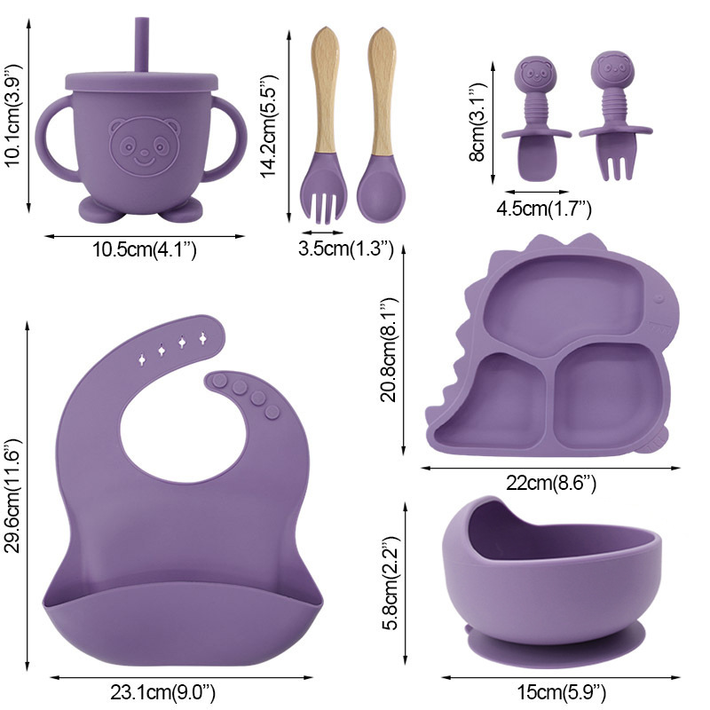 Fábrica al por mayor cubiertos para bebés babecera de silicona platos de comida suplementarios dinosaurios niños comidas set de entrenamiento