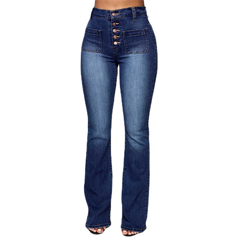 Women's jeans  with button up patch pockets, washed pants_voghion.com