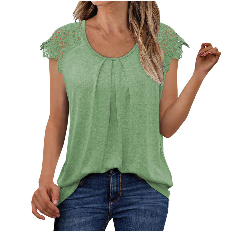 2025 Amazon European and American Lace Pleated Top Women's Casual Short-Sleeved Shirt Round Neck T-Shirt Casual Versatile