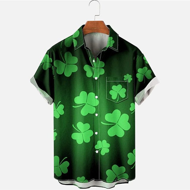 Cross-border Trade Men's Shirt Irish Shamrock 3D Print St. Patrick's Day Pocket Shirt Men