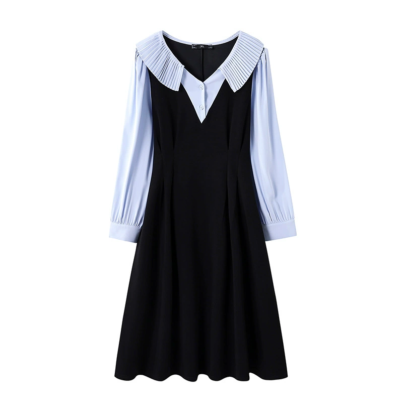 2025 весеннее женское платье больших размеров контрастного цвета с кукольным воротником для толстой сестры, темпераментное платье с утягивающей талией, юбка с длинными рукавами