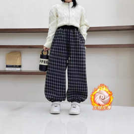 儿童加绒格子裤2025款冬季男女童拼腰格子保暖休闲韩版束口长裤批