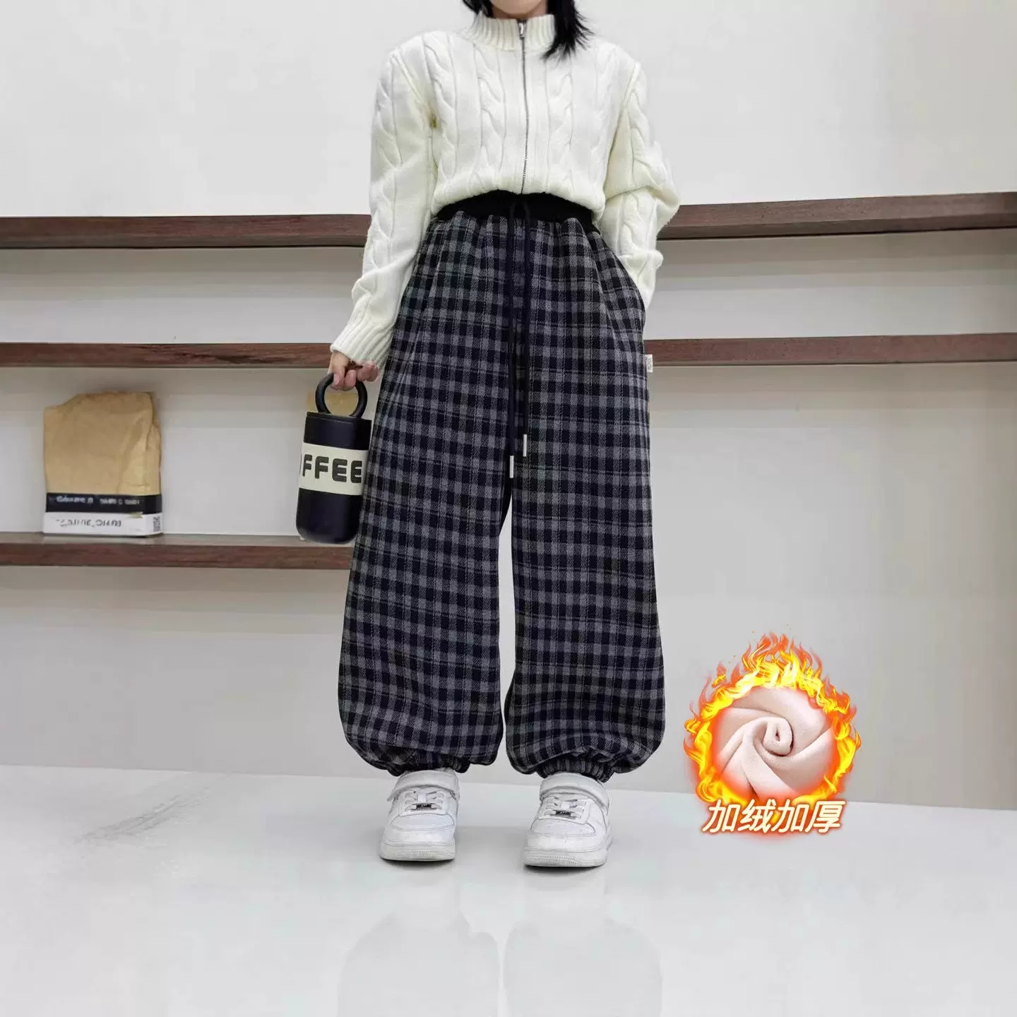 儿童加绒格子裤2025款冬装男女童拼腰格子保暖休闲韩版束口长裤批