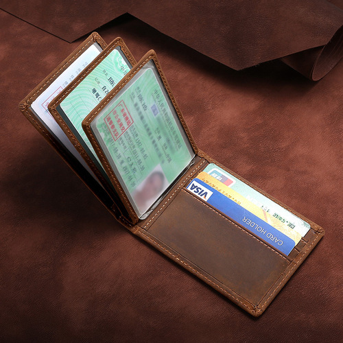 Retro trend crazy horse leather document bag document clip head layer cowhide bank card holder totem driver's license leather case factory supplied
