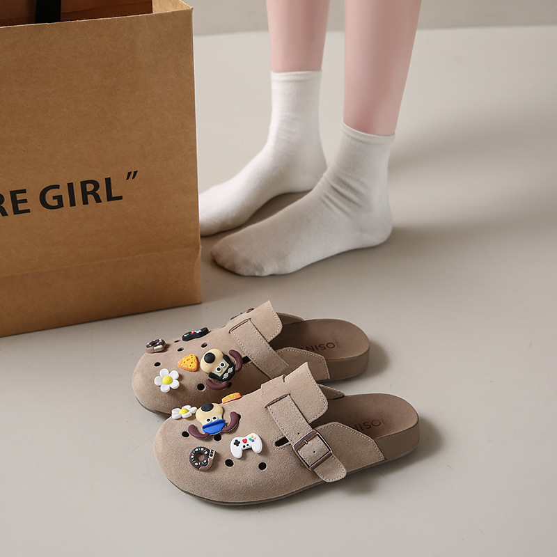 plus size Women's Shoes 41-4 Fat Foot Hole Shoes New Birkendish Cork Women's Fashion Cute Cartoon Baotou Half Slippers