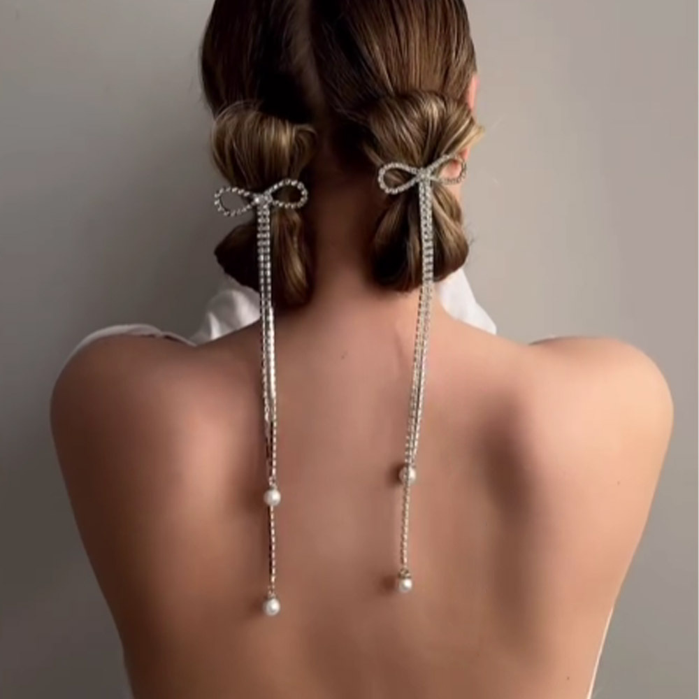 European and American New Long Tassel Pearl Pendant Hairpin Fashion Internet Celebrant Street Beat Rhinestone Hairpin Hair Chain