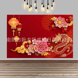 外贸中国新年剪纸花灯笼横幅背景春节农历新年龙年晚会装饰背景布