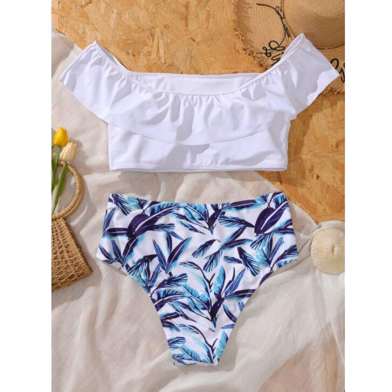 New Bikini Print One-shoulder Lotus Leaf Cover Belly Plus Size Swimsuit display picture 4