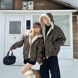 2025冬季情侣男女大毛领连帽加厚男女休闲棉服外套