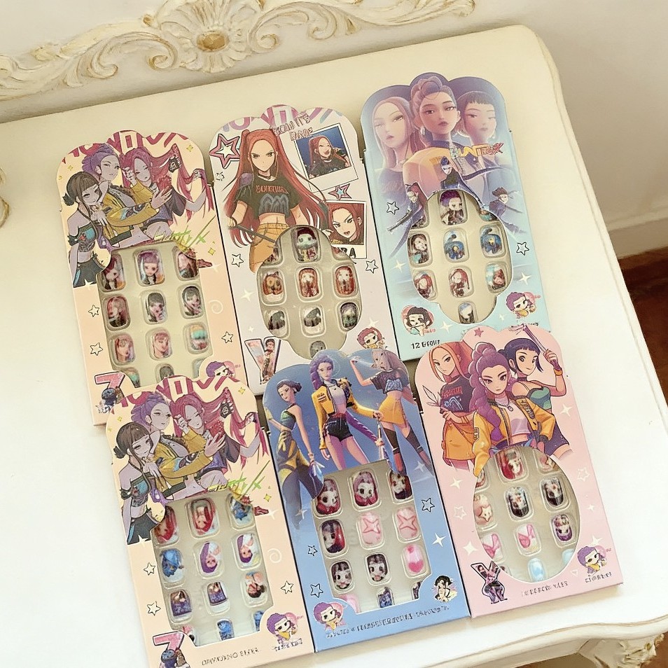 儿童卡通美甲贴猎魔团假指甲可拆卸立体美甲贴片穿戴甲2元批发