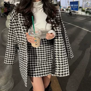 套装女2024春秋新款千鸟格气质夹棉呢子大衣外套高腰半身裙两件套